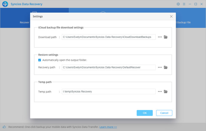 syncios data recovery Settings