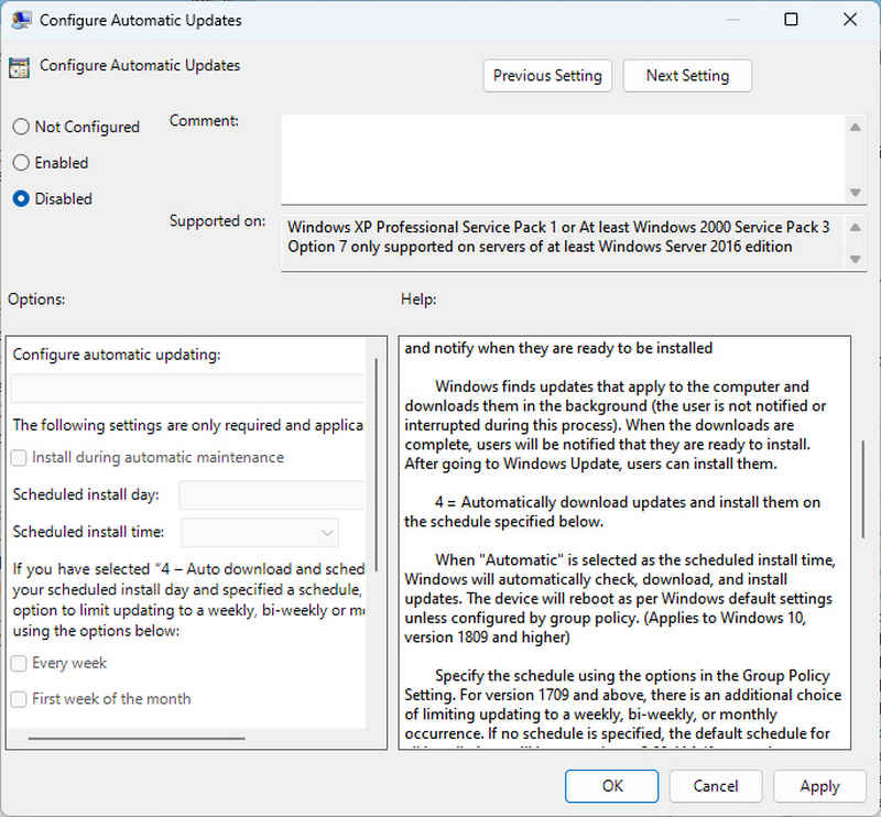 disable configure automatic updating