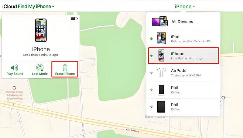Erase iPhone on iCloud.com via Find My iPhone