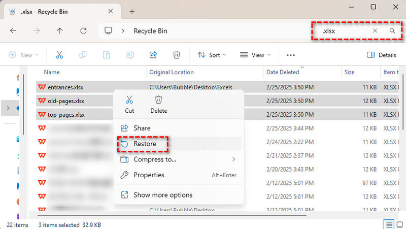 restore excel files from recycle bin