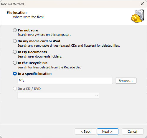 select a location reo recover files with recuva