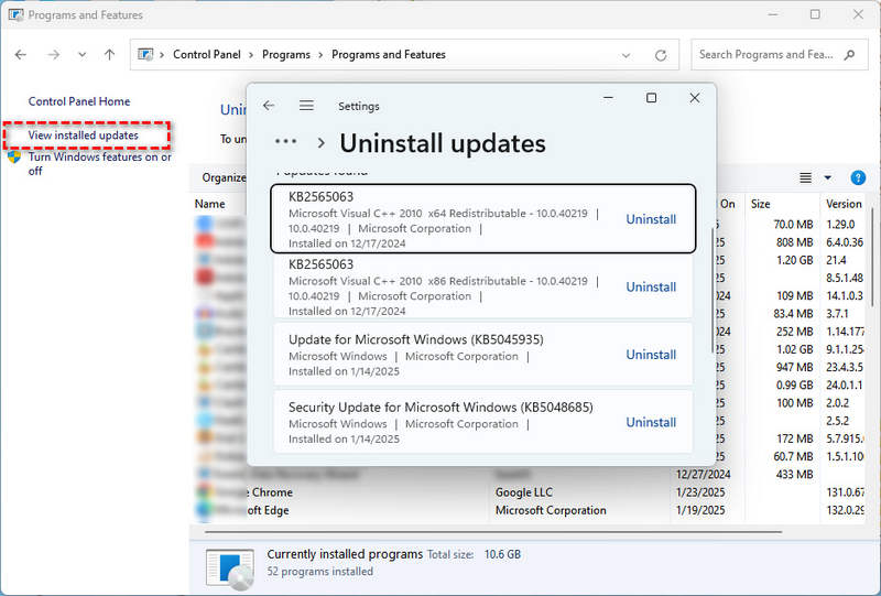 uninstall windows updates