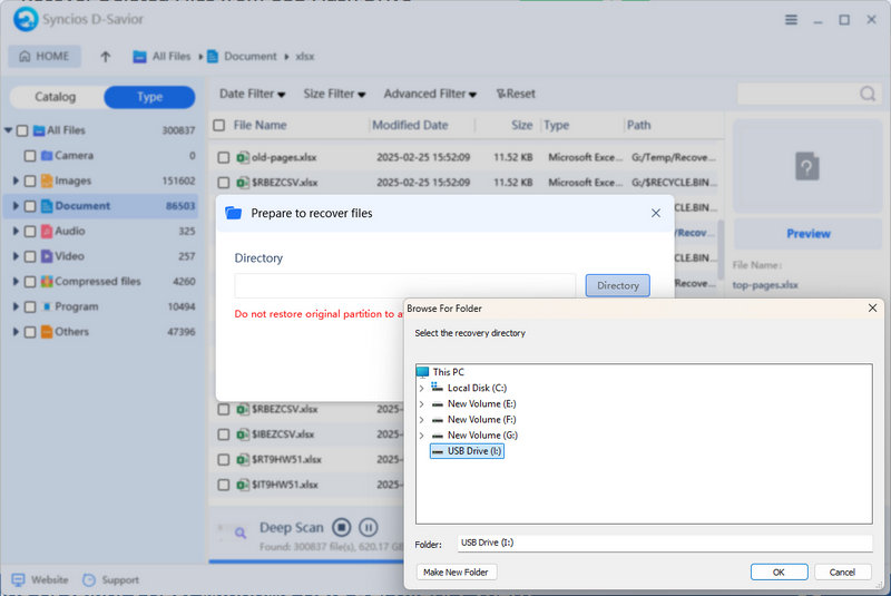 choose a saving path to recover excel files