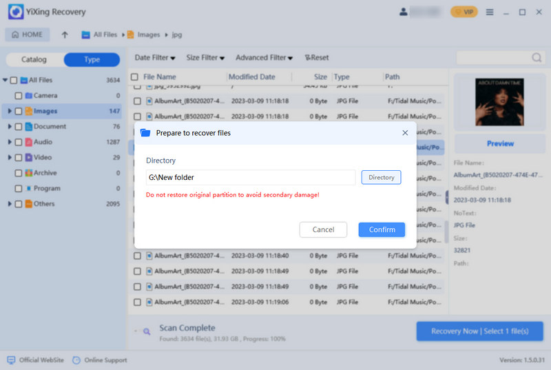 select files to recover from partition