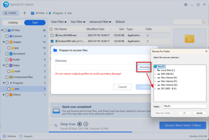 choose output folder for recovered partition data