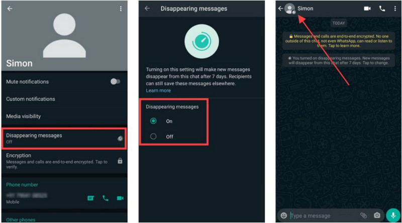 enable whatsApp disappearing messages feature on Android iOS