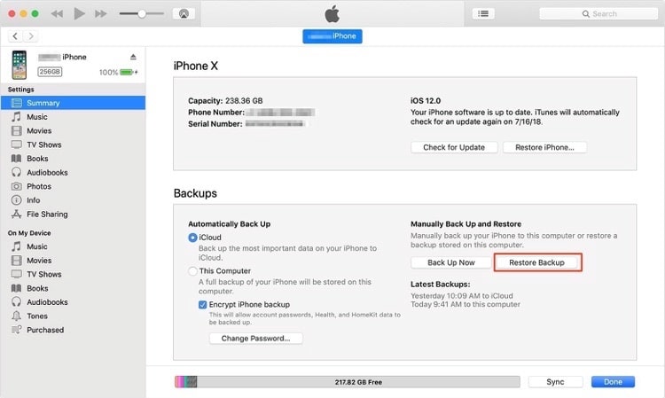 restore itunes backup to iPhone 12