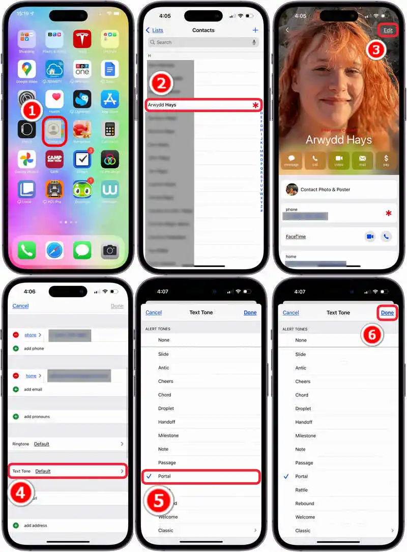 assign iphone text tone to a contact