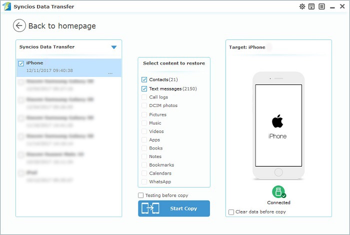 restore iphone 6/6S contacts and SMS from computer with one-click