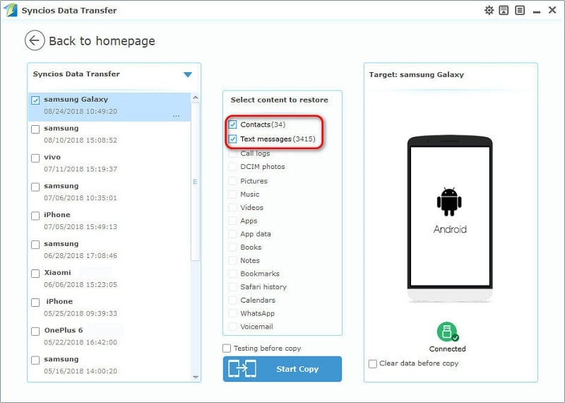 restore Samsung Galaxy Note 9 contacts and SMS from computer with one-click