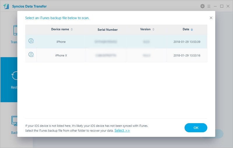 select iTunes backup to restore