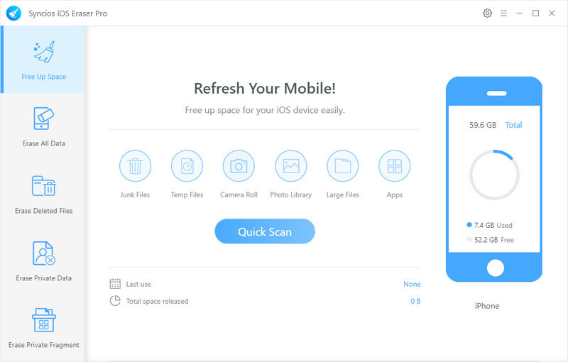 Main interface of Syncios iOS Data Eraser