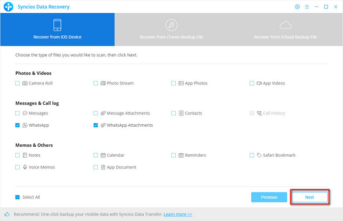 syncios data recovery whats app