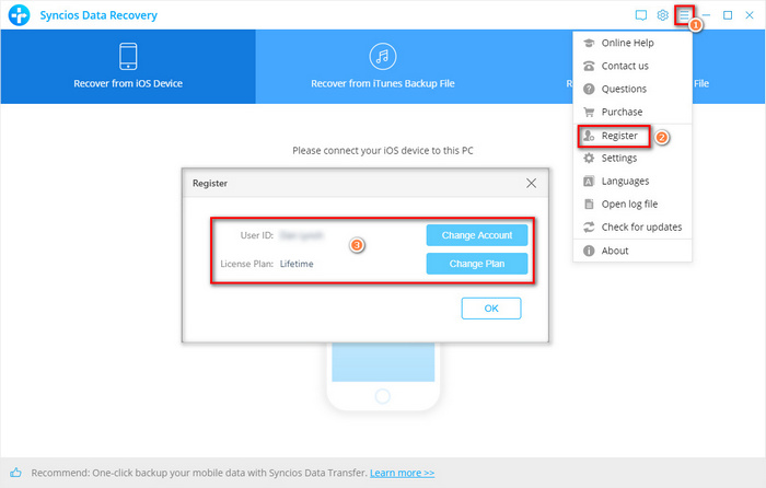 syncios data transfer register key