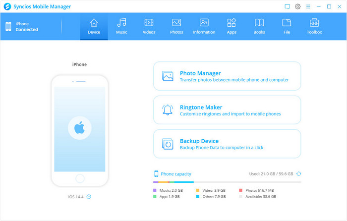 Interface of Syncios Mobile Manager